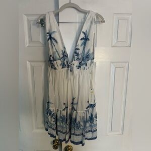 White and Blue Palm Print Dress